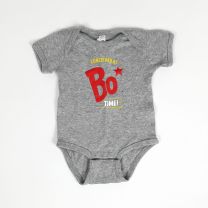 Gray baby onesie with Conceived at Bo Time logo - Front View 