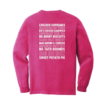 Comfort Color red longsleeve shirt with popular Bojangles menu items such as the Cajun Filet and Supremes printed in white letters on the back. 