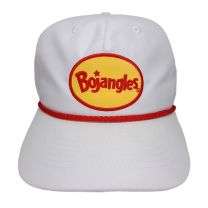 Trucker style hat in red with a yellow rope at the flat brim. A patch is on the front that is a yellow oval with the Bojangles logo embroidered in the middle in red. 