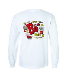 The back of the white longsleeve shirt with popular brand phrases of "It's Bo Time", "World Famous Chicken", and "Legendary Sweet Tea". 