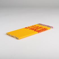 Pack of 10 unsharpened yellow No.2 Bojangles Pencils with red Bojangles logo against grey background - Side View  
