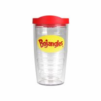 16oz tervis tumbler with red lid and embroidered Bojangles patch - Front View 