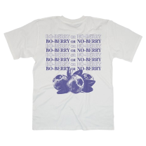 White short-sleeve shirt with Bo-Berry or No Berry in purple. 