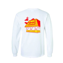 The back of the white longsleeve shirt with an illustration of the original Bojangles store in red and yellow. 