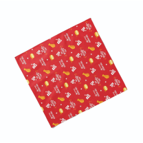 Bojangles dog bandana in red with a pattern of illustrations of biscits and chicken legs as well as phrases of "Will Bark fo Bo", "This doggo loves Bo" and the Bo logo. 