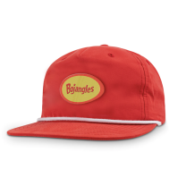 Trucker style hat in red with a white rope at the flat brim. A patch is on the front that is a yellow oval with the Bojangles logo embroidered in the middle in red. 