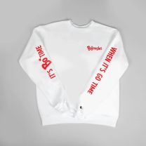 White Sweatshirt with red Bojangles logo on left chest with sleeves that say "When It's Go Time, It's Bo Time" - Front View 