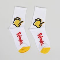 Pair white crew sports sock with the Bojangles chicken design and red Bojangles logo