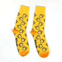 Pair yellow dress socks with all over chicken design and black Bojangles logo 