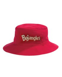 Red bucket hat with the Bojangles logo embroidered in white on one side. 