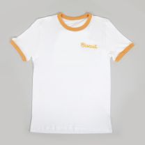 Bojangles Chicken/Biscuit Yellow Ringer T-Shirt with "Biscuit" on left chest - Front View 