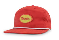 Trucker style hat in red with a white rope at the flat brim. A patch is on the front that is a yellow oval with the Bojangles logo embroidered in the middle in red. 